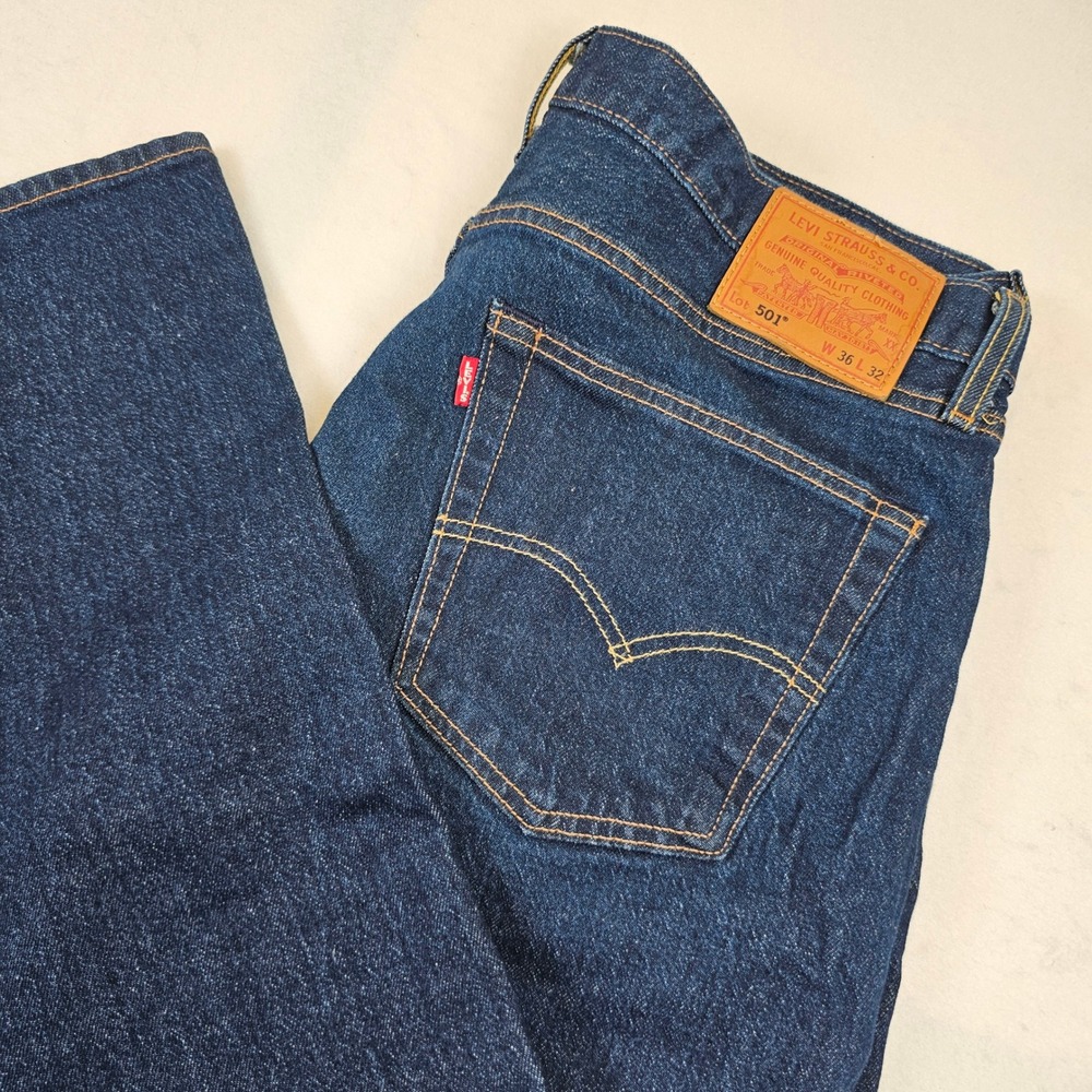 Levis Premium 501 Original Fit Dark Indigo Jeans Mens 36x32 Button Fly Denim